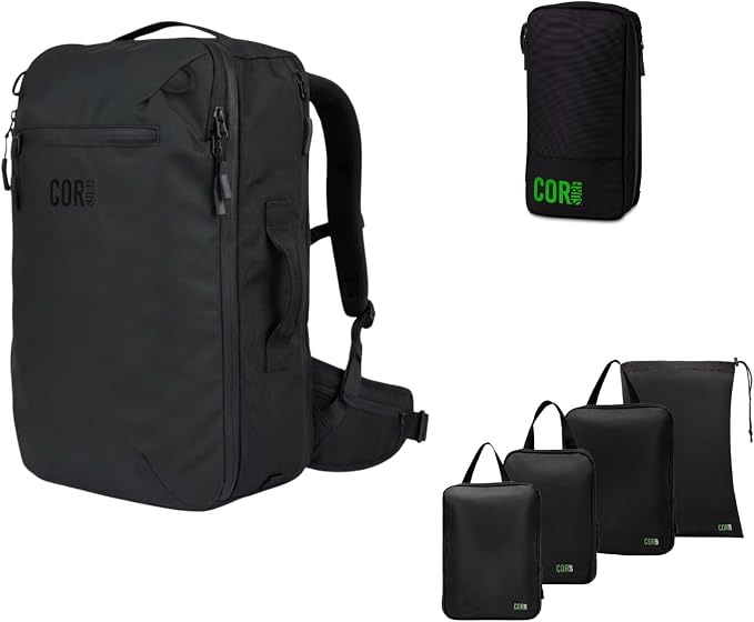 COR Surf Carry On Travel Backpack Bundle | Island Hopper Travel Backpack with Toiletry Bag and 4-Piece Compression Packing Cube Set (Black with 4 Piece Packing Cube Set, 40L) by CORSurf