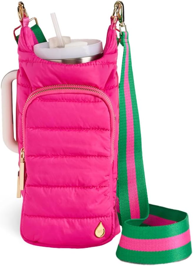WanderFull Original HydroBag Handle®, Zipper for Handle, 40 oz Water Bottle Holder w/Strap, Crossbody Carrier Bag w/Phone Pocket, Tumbler Accessories - Pink Matte w/Striped Strap by WanderFull