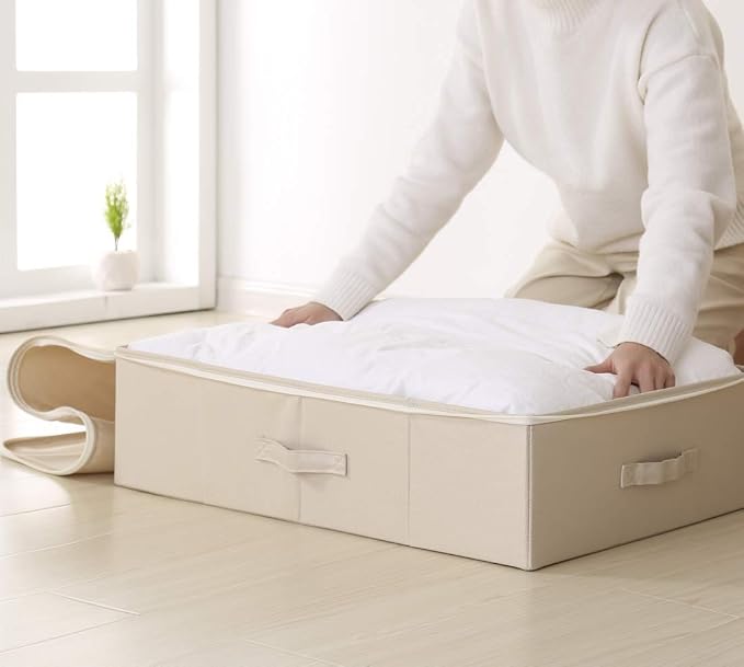 Folding Underbed Shoes Clothes Storage Organizer Basket with Zip Lid,Beige | Underbed Clothes Organizer Basket, Garment Storage Boxes, folding washable rigid sturdy storage bins for clothing shoes duvet - Image 7