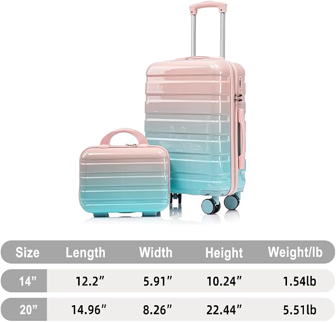 Gradient Color Suitcase 2-Piece Set, 20" Rotating Wheel Suitcase with 14" Cosmetic Case, Lightweight Durable Hardshell Luggage with 360° Spinner Wheels for Travel, Women & Girls (Blue+Pink) - Image 9