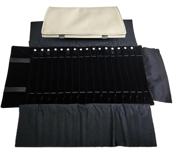 Travel Necklace Organizer, Tangle Free Jewelry Case, 16 Slots | Foldable,LightWeight Compact, Velvet Lining Jewelry Storage Bag for Chain Bracelet, Gift for Women Girls,Gray PU and Black by SCIKHEFT