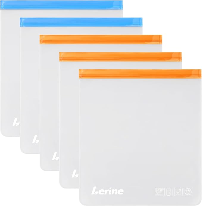 Lerine Reusable 2 Gallon Freezer Bags Dishwasher Safe, Reusable Freezer Bags 2 Gallon 13"x15.6", Leakproof BPA Free Food Storage Bags for Marinate Meats, Vegetables (Multicolor, 2Gallon) by Lerine