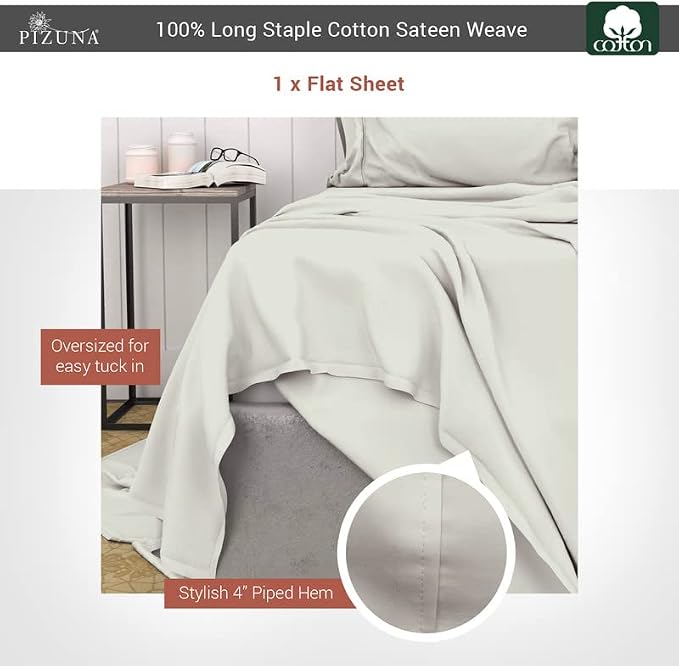 Pizuna Pure 100% Cotton Flat Sheets Only Full New Grey (1 PC), Luxurious 400 Thread Count Long Staple Cotton Sateen with 4inch Hem (Combed Full Flat Sheet Only Cotton) - Image 3