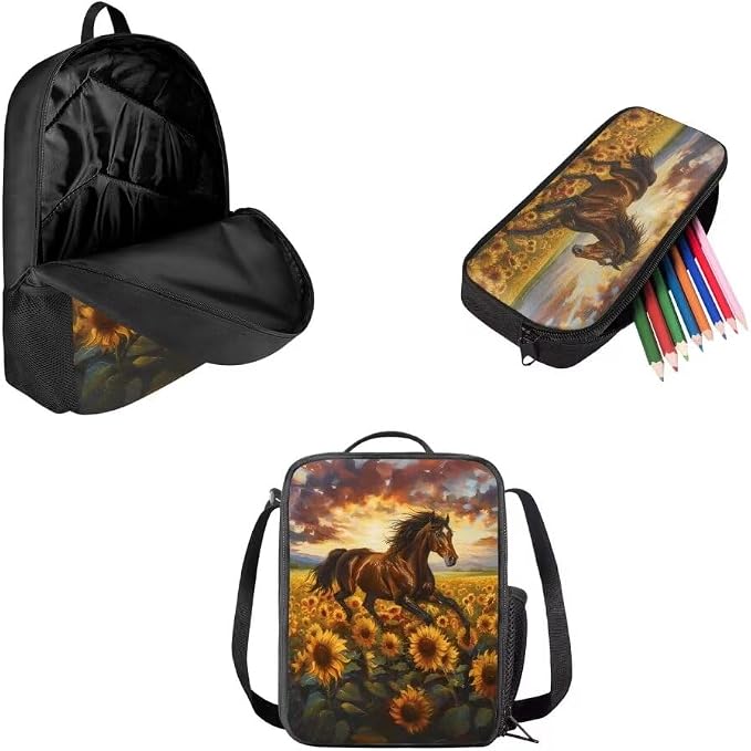 Mumeson Cool Horse Sunflower Backpack Schoolbag Student Rucksack for Girl Boys Backpack Large Capacity Organizer Book Bags with Insulated Thermal Lunch Bag Small Pencase - Image 2