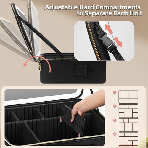15''X11'' Makeup Bag with Removeable Lighted Mirror, Travel Makeup Case with 3 Color Lights Dimmable Brightness, Large Capacity Cosmetic Organizer Case with Detachable Dividers & Shoulder Strap - Image 6