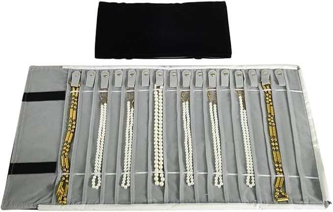 Travel Necklace Organizer, Tangle Free Jewelry Case, 16 Slots | Foldable,LightWeight Compact, Velvet Lining Jewelry Storage Bag for Chain Bracelet, Gift for Women Girls,Black and Gray by SCIKHEFT