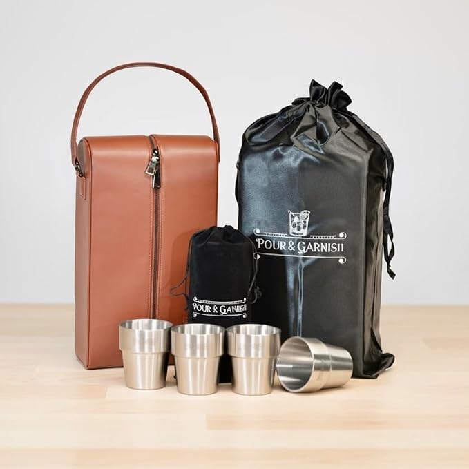 POUR & GARNISH Bourbon, Whiskey & Wine Double Bottle Travel Bag – Vegan Leather Spirits Carrier with 4 Stainless Steel Insulated Glasses & Gift Pouch – Luxury Barware Gift - Image 5