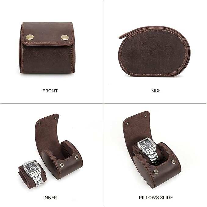 Hiram Leather Watch Roll Travel Case,Vintage Crazy Horse Leather 1-Slots Watch Box with Removable Velvet Pillows, Secure Metal Clasp, Perfect for Daily Display & Business Travel - Image 5