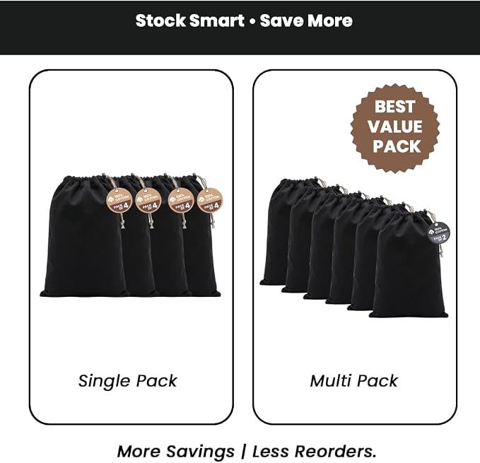 LFH Cotton Rich Shoe Storage Bags with Drawstring, Dustproof Breathable Reusable Organizer, Perfect For Travel, Dorm, Hotel, College, Gym, Machine Washable 12"x17" (Pack of 4) - Black sand - Image 8