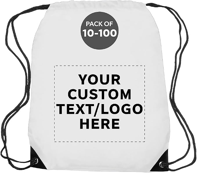 DISCOUNT PROMOS Custom Black Trim Drawstring Backpacks Set of 10/50/100, Personalized Bulk Pack - Gym Bag, Soccer Shoes, Water Resistant - White by DISCOUNTPROMOS