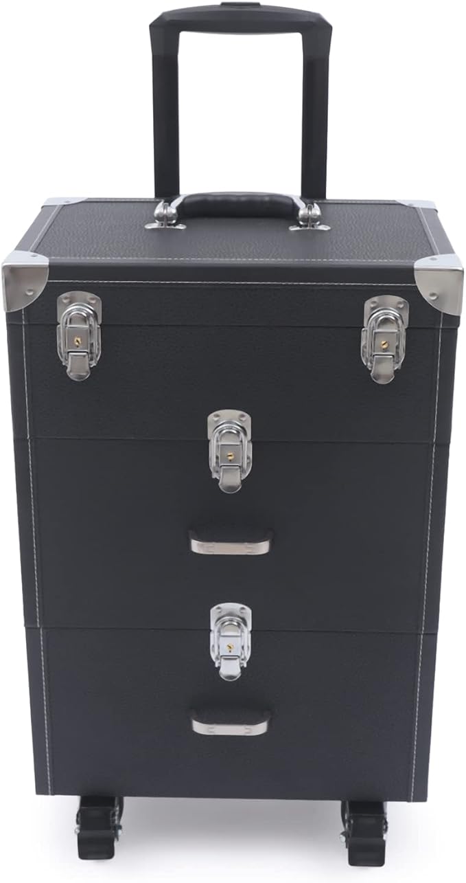 Rolling Makeup Case with Drawer Cosmetic Trolley 3 Tier Travel Cosmetic Organizer on Wheels Salon Barber Case for Makeup Artist Tattooist Nail Tech Hairstylists (Type F, Black) - Image 4