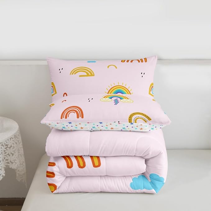 Rainbow Full Comforter Sets For Girls, Kawaii Cartoon Cloud Duvet Insert, Girly Iridescent Down Comforter With 2 Pillow Cases Hand Drawn Rainbow Quilt For Kids Boys Children Women Bedroom, Pink - Image 7