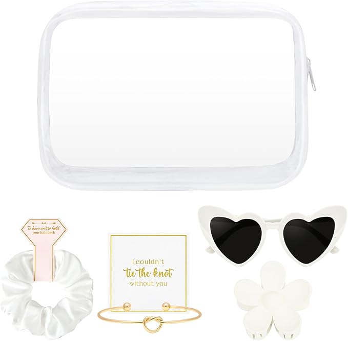 DEEKA 5 Pcs Bridesmaid Proposal Bag Set Gift Clear Makeup Toiletry Bag Bachelorette Party Favors Sunglasses Flower Claw Clips Scrunchies Knot Bracelets Bridal Wedding Party Gifts (White) - Image 9
