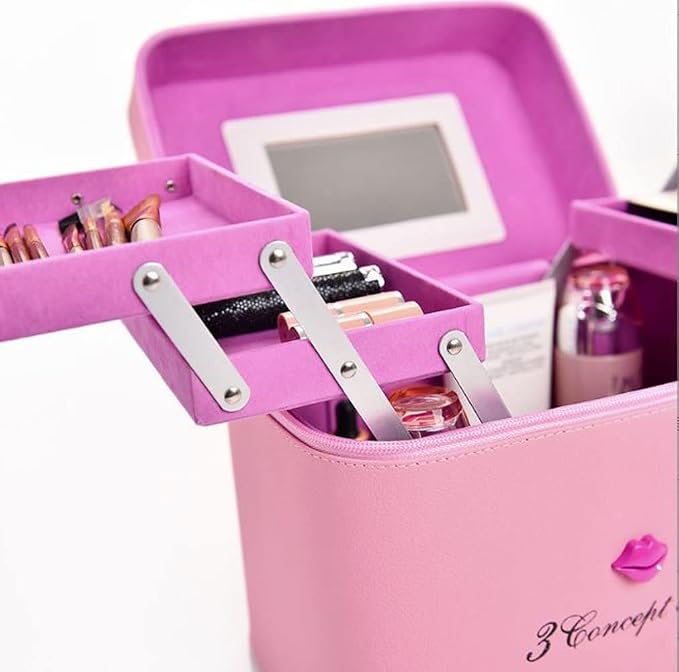 Pu Leather Makeup Storage Box With Mirror | 4 Layer Travel Vanity Bag | Multi Compartment Cosmetic Bag Display Organizer For Lipstick Nailpolish | Make-Up Brushes Holder(Pink) 18 Cms - Image 5