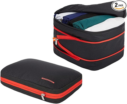 BeeNesting Compression Packing Cubes 2 Set for Travel Suitcase Organizer Accessories with Shoes Bag (M+L 9L/15L, BlackRed) by BeeNesting