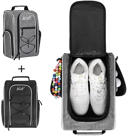Wolt 2 Pcs Golf Shoe Bag for Travel- Zippered Shoes Carrier Bags with Ventilation & Double Outside Accessory Pocket for Socks, Tees, Golf Balls, Etc. for Women and Men (Black+Grey) by WOLT