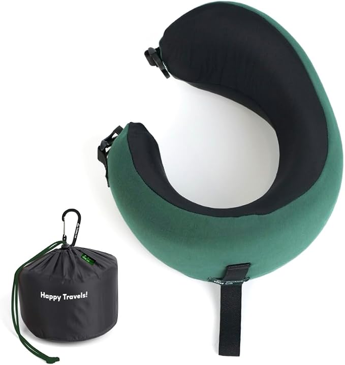 C CUSHION LAB Travel Pillow, Award-Winning Patented Ergonomic Design for Chin & Neck Support Memory Foam Neck Pillow, Compact Airplane Pillow for Traveling, Flight, Car (Hunter Green, Medium) by CUSHIONLAB