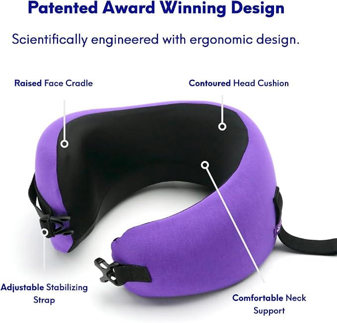 C CUSHION LAB Travel Pillow, Award-Winning Patented Ergonomic Design for Chin & Neck Support Memory Foam Neck Pillow, Compact Airplane Pillow for Traveling, Flight, Car (Royal Purple, Medium) - Image 3