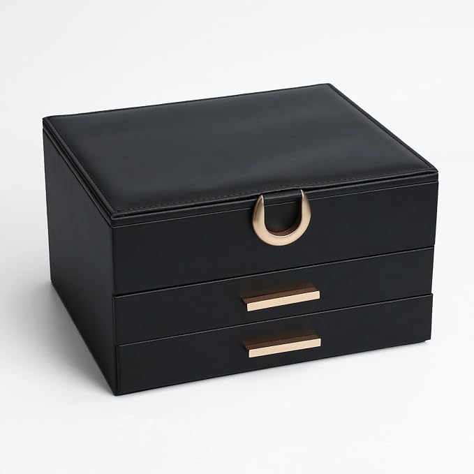 Large Jewelry Organizer Box with Mirror - Features Ring Rolls, Necklace Hooks, Earring Slots, Plush Interior for Luxury Protection Black by V-LafuyJewelryBox