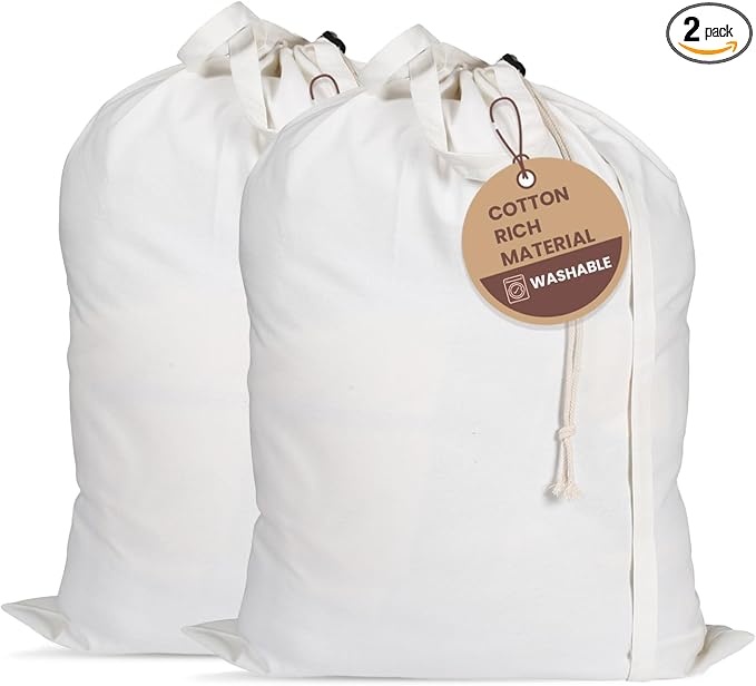 LFH Home Cotton Rich Canvas Large Laundry Bag with Handle, Heavy Duty Drawstring Closure Washable Laundry Bags,School Travel, Home, Hotel, College Dorm, Organizer Sack,Toy Clothes 24x36 (Pack 2)-White by LFHHomePrivateLimited