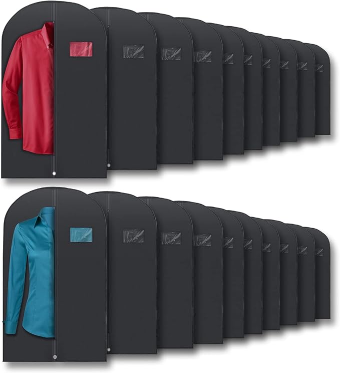 Plixio Garment Bags Suit Bag for Travel and Clothing Storage of Dresses, Dress Shirts, Coats— Includes Zipper and Transparent Window (Black - 20 pack: 40") by Plixio