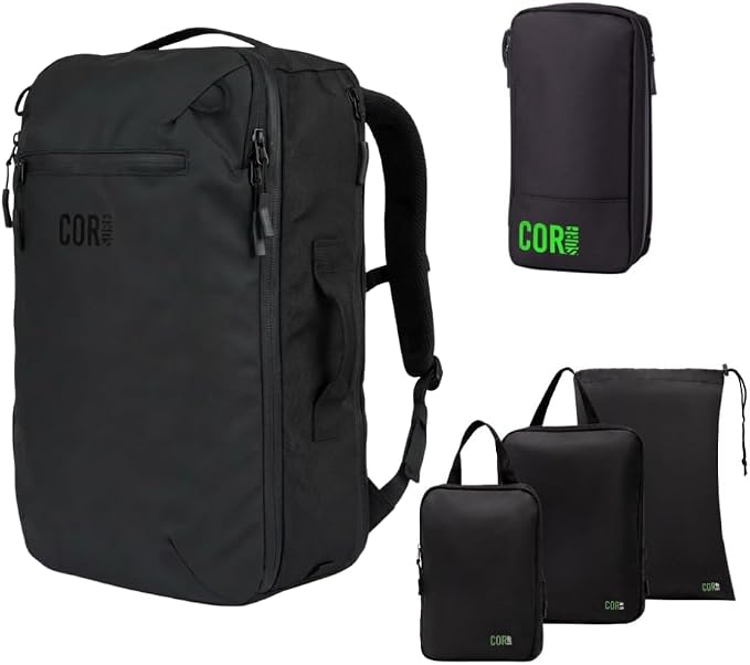 COR Surf Carry On Travel Backpack Bundle | Island Hopper Travel Backpack with Toiletry Bag and Compression Packing Cube Set (28L, Black) by CORSurf