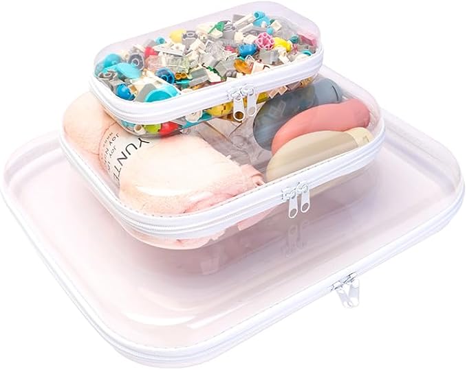 3PCS Clear Hard Shell Zipper Case 13.8 * 11.8 * 2 IN (White) | Transparent shell for easy item access. Works as cosmetic bag, toy pouch, diaper organizer and pencil case. by Calantre
