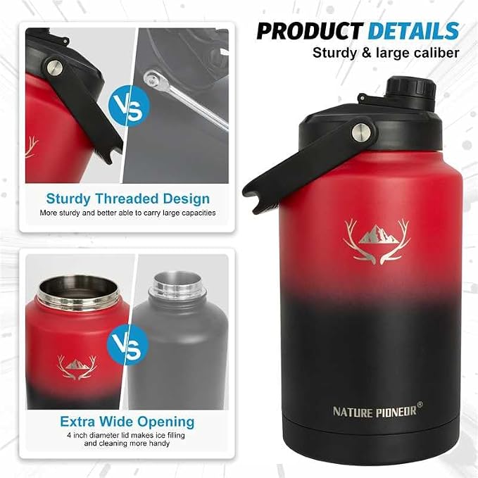 NATURE PIONEOR 1 Gallon (128oz) Insulated Water Bottle Jug with Carrier Bag | 18/8 Food-grade Stainless Steel, Double Vacuum Insulation, Wide-Mouth, Straw & Spout Lid, Strap, Camping, Hiking, Gym, Work - Image 6