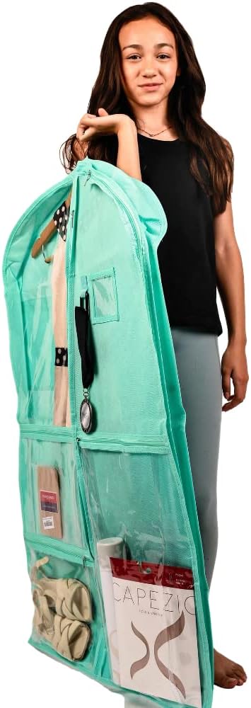 Waterproof Hanging Garment Bag 40 inch Clothes Bag with Gusset, 5 Pockets & Side Zip for Dance Costumes, Sports, Skating, Theatre, Beauty Pageants & More by Kendall Country, Sea Foam Green by KendallCountry