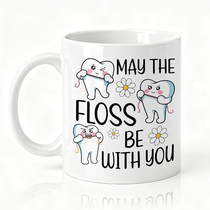 May The Floss Double-Sided Ceramic Mug, Funny Dentist Mug for Men Women, Dental Office Coffee Cup, Thanksgiving Birthday Gifts for Dental Hygienist, Graduation Gifts for Dentist Assistant