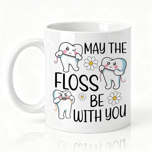 May The Floss Double-Sided Ceramic Mug, Funny Dentist Mug for Men Women, Dental Office Coffee Cup, Thanksgiving Birthday Gifts for Dental Hygienist, Graduation Gifts for Dentist Assistant