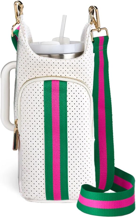 WanderFull Original HydroBag Handle®, Zipper for Handle, 40 oz Water Bottle Holder w/Strap, Crossbody Carrier Bag w/Phone Pocket - White Coated Neoprene by WanderFull