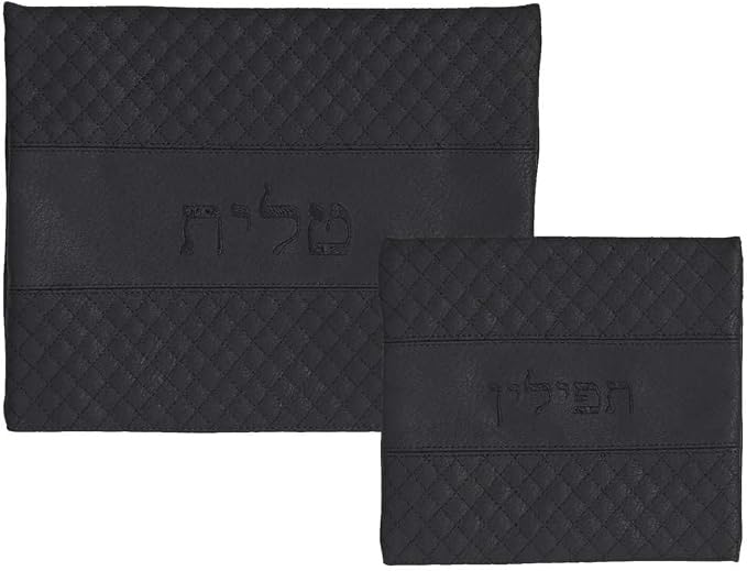 Tallit and Tefillin Bag Set for Jewish Prayer Shawl Zippered Leatherette Bags with Plastic Weatherproof Protection Cover (Customized, Black) by ASMezuzot