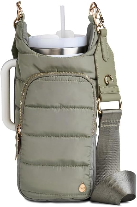WanderFull Original HydroBag Handle®, Zipper for Handle, 40 oz Water Bottle Holder w/Strap, Crossbody Carrier Bag w/Phone Pocket, Tumbler Accessories - Sage Green w/Vegan Leather Trimmed Strap by WanderFull