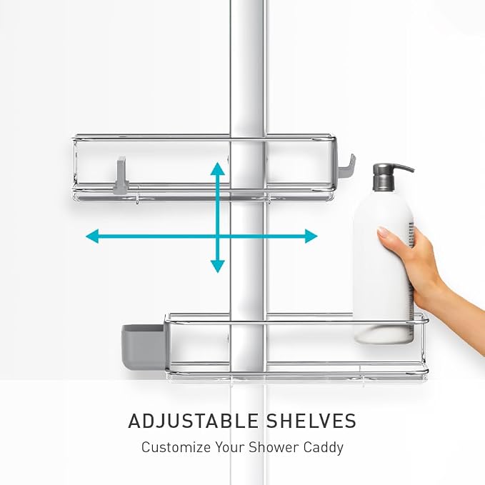 simplehuman X-Large Adjustable Hanging Shower Caddy, Handheld Showerhead Compatible, Family-Size Bathroom Organizer with 12-Inch Extended Neck, Adjustable Shelves, Rust-Proof Stainless Steel - Image 4