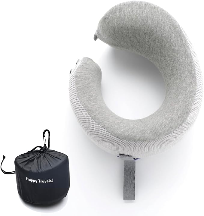 C CUSHION LAB Travel Pillow, Award-Winning Patented Ergonomic Design for Chin & Neck Support Memory Foam Neck Pillow, Compact Airplane Pillow for Traveling, Flight, Car (Gray, Medium) by CUSHIONLAB