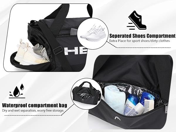 HEAD 45L Gym Duffel Bag with Separate Shoe Compartment & Wet Pocket for Men | Waterproof, Large Openning, with side pocket&inner large zipper pocekt, for Sport, Workout, Fitness, Swimming, Travel - Image 2