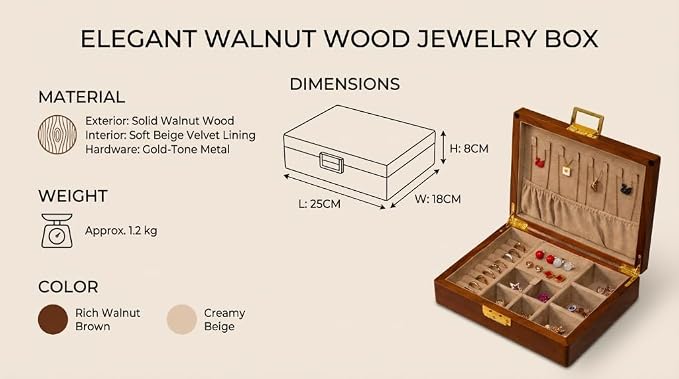 Solid Black Walnut Jewelry Box with Lock and Key Large Capacity Vintage Wooden Organizer for Women and Men Ring Necklace Earring Cufflink Storage Compartments Removable Dividers Gift - Image 7