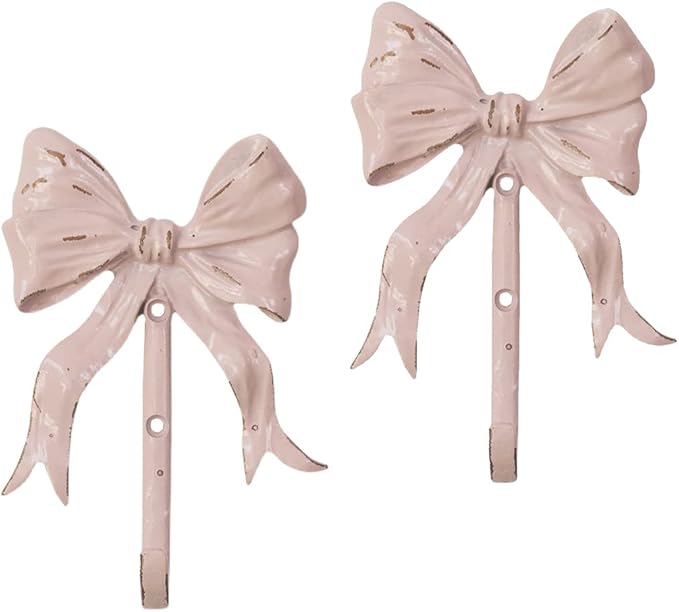 Pack of 2 Shabby Chic Large Decorative Wall Hooks 5.3" H,Iron Pink Bow Coat Hooks with Screws for Key, Towel, Bags, Cup, Hat and More by BOOMLATU-BuildingYourHome