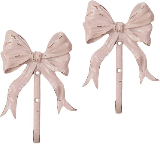 Pack of 2 Shabby Chic Large Decorative Wall Hooks 5.3" H,Iron Pink Bow Coat Hooks with Screws for Key, Towel, Bags, Cup, Hat and More by BOOMLATU-BuildingYourHome