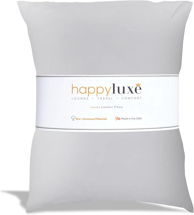 Happyluxe Travel Pillow, Silver Gray, 17 x 13in Soft Alternative to Down & Memory Foam, for Long Flights, Made in the USA, for Adults Sleeping, Camping or Nap, Small by Happyluxe