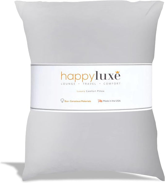 Happyluxe Travel Pillow, Silver Gray, 17 x 13in Soft Alternative to Down & Memory Foam, for Long Flights, Made in the USA, for Adults Sleeping, Camping or Nap, Small by Happyluxe