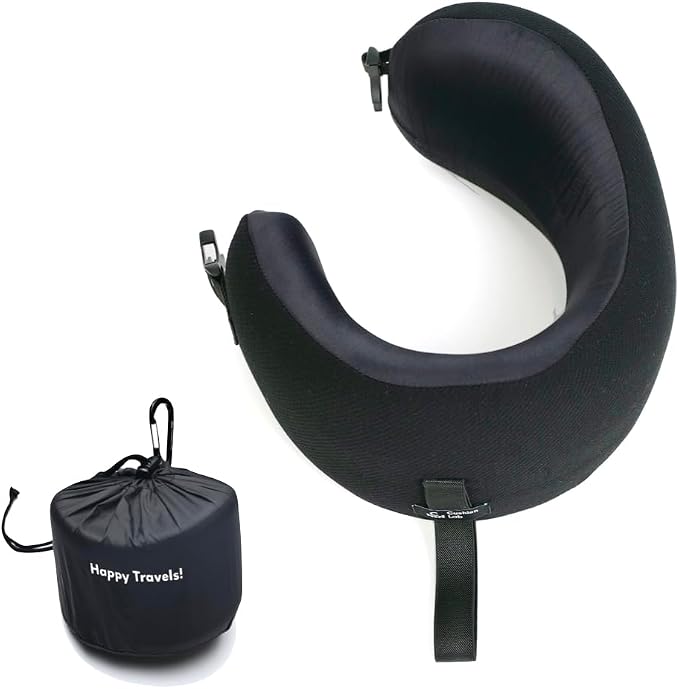 C CUSHION LAB Extra Support Travel Pillow, Award-Winning Patented Ergonomic Design for Chin & Neck Support Memory Foam Neck Pillow, Compact Airplane Pillow for Traveling, Flight, Car (Black, Medium) by CUSHIONLAB
