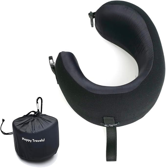 C CUSHION LAB Extra Support Travel Pillow, Award-Winning Patented Ergonomic Design for Chin & Neck Support Memory Foam Neck Pillow, Compact Airplane Pillow for Traveling, Flight, Car (Black, Medium) by CUSHIONLAB