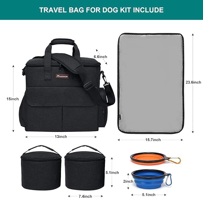 Modoker Dog Travel Bag with 2 Food Bags, 2 Bowls and 1 Mat (Black) | Roomy Main Compartment | Multiple Functional Pockets | Water-Resistant Oxford Fabric | PVC Backing | Leak-Resistant Lining - Image 5