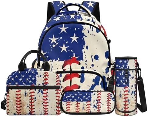 Kids' Backpacks School-Bag 4 Pack Set Custom Baseball Print Backpack with Lunch Box Pencil Case Water Bottle Holder Sling Bag with Pocket Adjustable Strap by Unknown