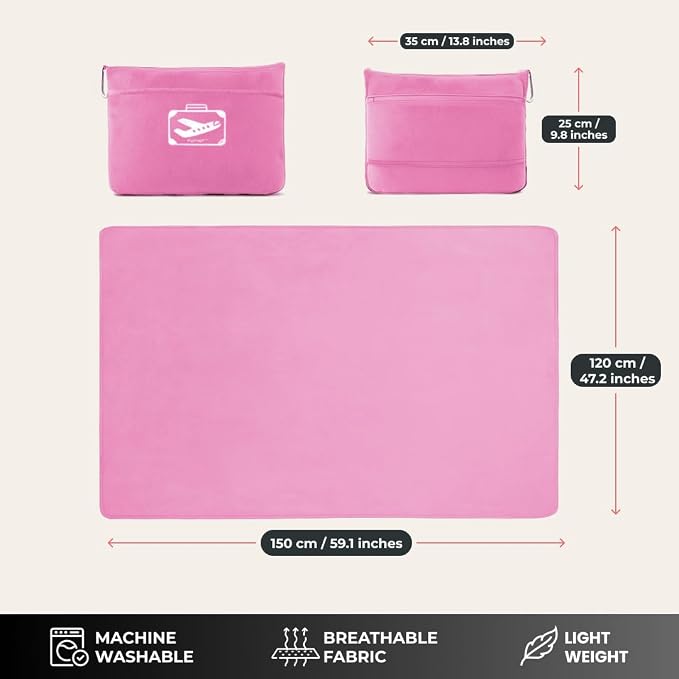 FlyHugz Pink Travel Blanket & Pillow Set (59.1"x47.2") with Carry Case, Luggage Sleeve & Clip – Portable, Lightweight, Breathable & Washable – Perfect for Plane, Car, Camping & Travel - Image 5