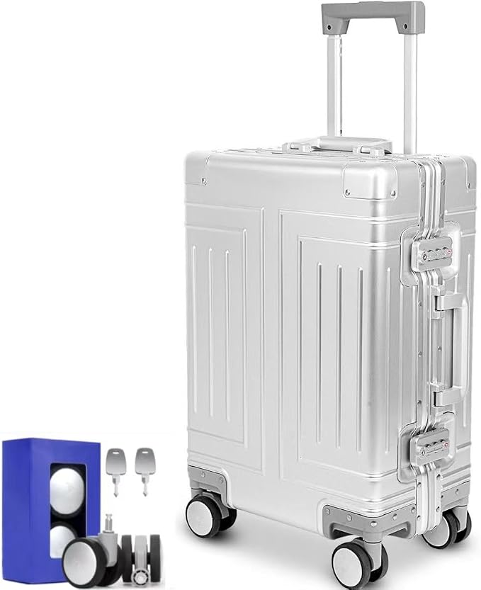 All Aluminum 20'' Luggage with Removable Spinner Wheels,Provide Spare Wheels.Carry on Luggage 22 x 14 x 9 Airline Approved Lightweight Metal Hard Shell Zipperless Suitcase by KANGSHILU