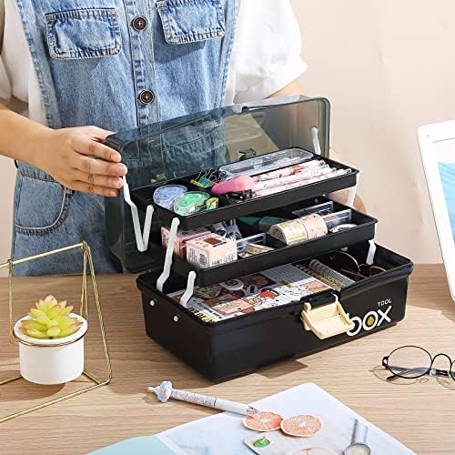 Kinsorcai 12'' Three-Layer Clear Plastic Storage Box/Tool Box, Multipurpose Organizer and Portable Handled Storage Case for Art Craft and Cosmetic (Black) - Image 4