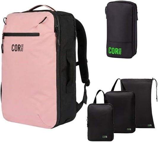 COR Surf Carry On Travel Backpack Bundle | Island Hopper Travel Backpack with Toiletry Bag and Compression Packing Cube Set (28L, Pink) by CORSurf